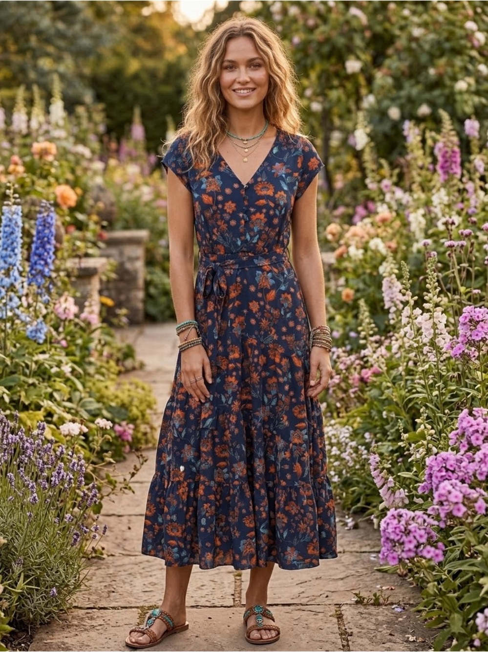 Maggy London Navy Midi Dress with Orange Floral Print